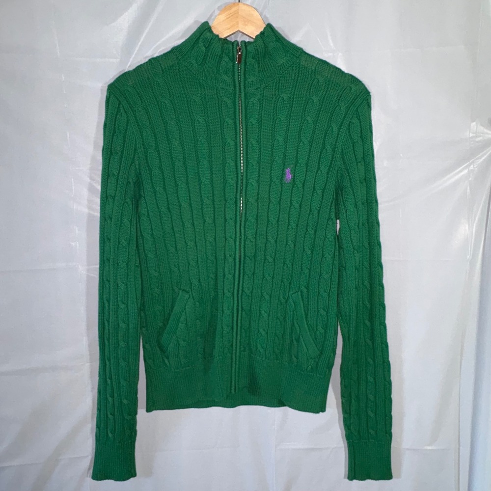 Ralph Lauren Sport Sweater Large Green Cable Knit Full Zip Cardigan Purple Pony